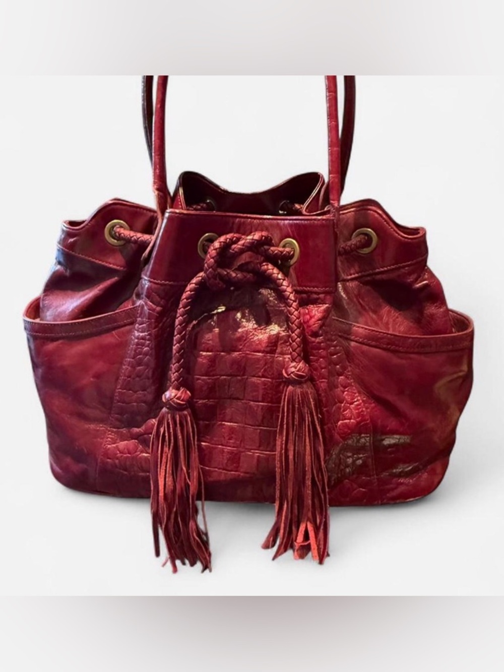 NWT Aqua Madonna Women's Red Leather Drawstring Tote Bag. designer direct.